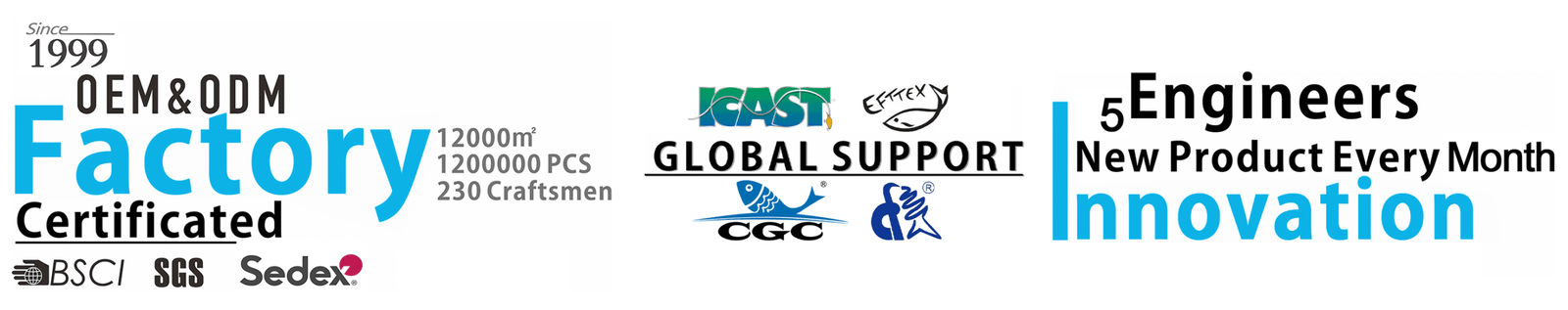 Factory OEM&ODM Since 1999 Certificated BSCI SEDEX SGS 12000㎡ 12000 PCS 230 Craftsmen GOLBAL SUPPORT:ICAST EFTTEX;CGC;CHINA FISH 5 Engineers Innovation New Product Every Month